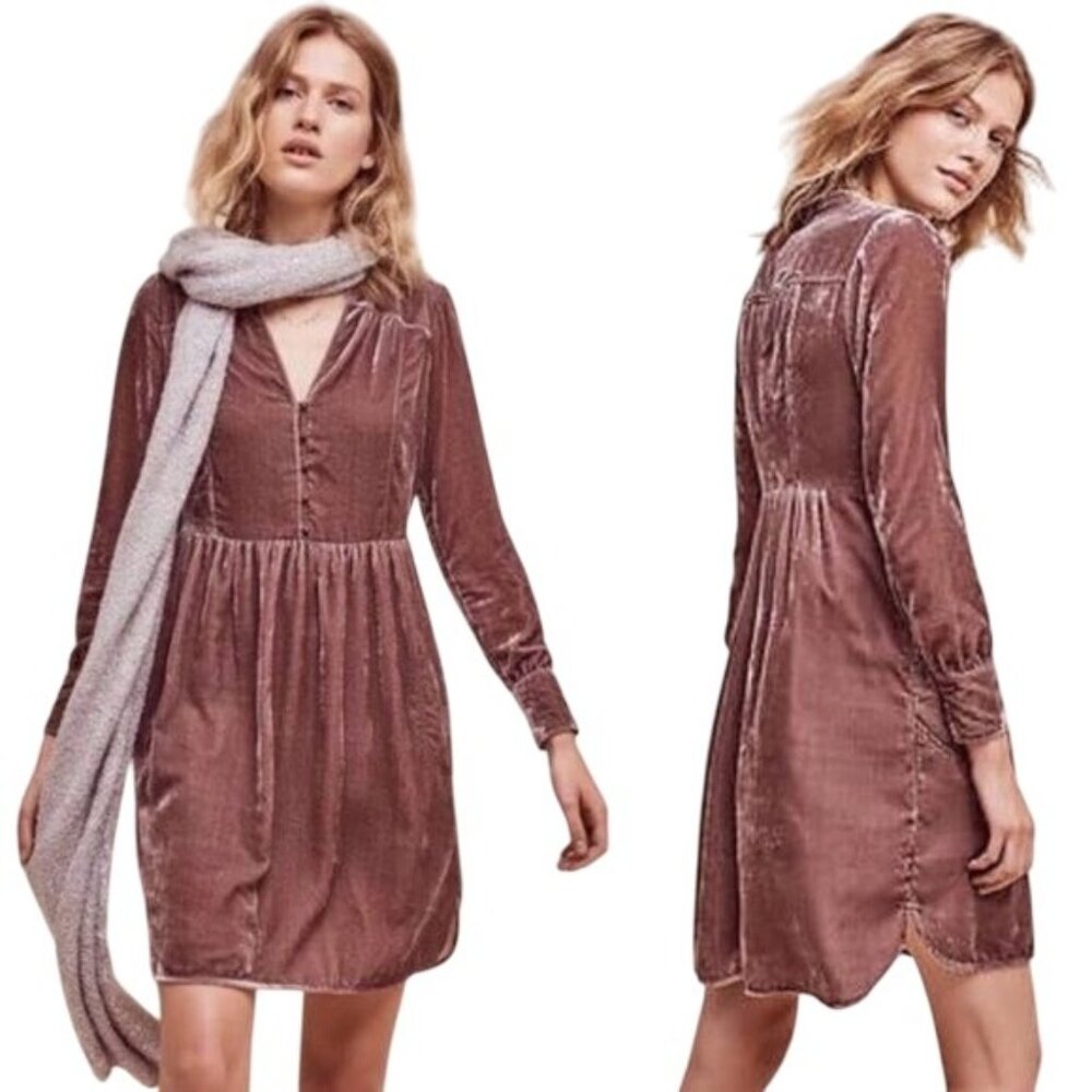 Anthropologie Holding Horses Brown Velvet Long Sleeve Shirt Dress Womens Medium